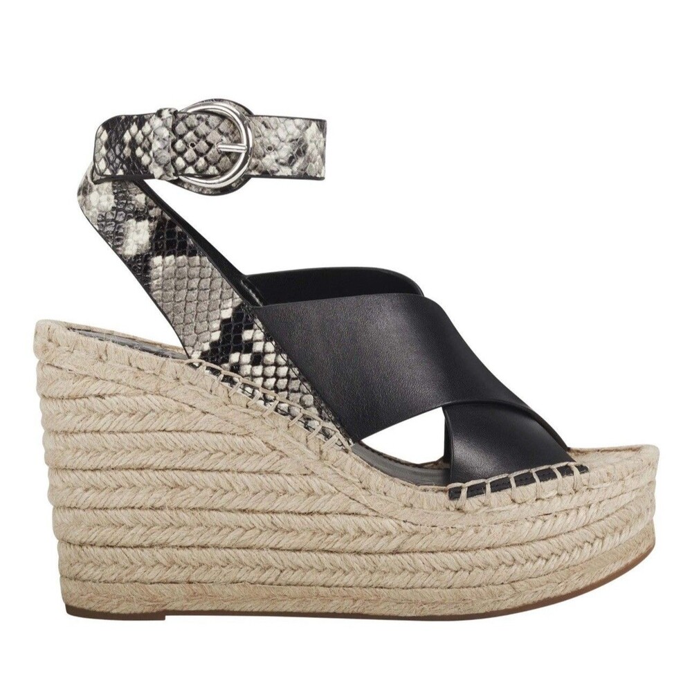 Marc Fisher Women’s Abacia 2 Espadrille Platform Wedge Sandals Black Leather 7.5